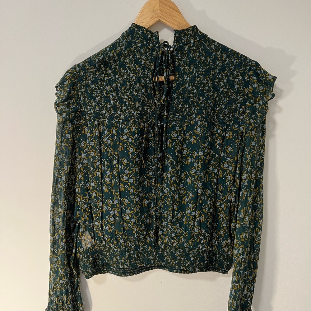 FREE PEOPLE Womens Green Floral Tie Neck Blouse